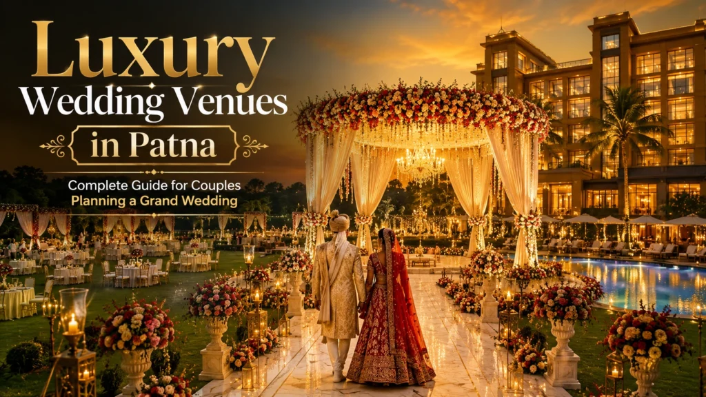 Best luxury wedding venue in Patna showcasing a destination wedding setup with a decorated mandap, banquet hall, swimming pool, floral arrangements, and premium resort hospitality.