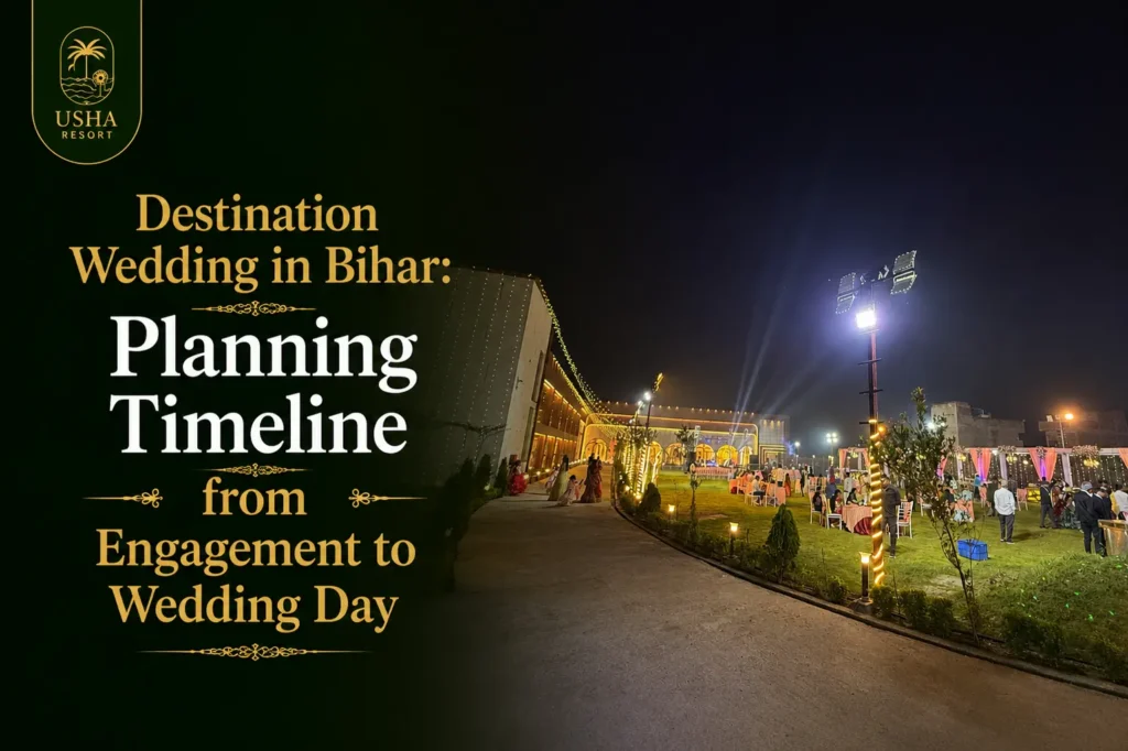 Destination wedding in Bihar at Usha Resort featuring a beautifully illuminated wedding venue, landscaped lawn, elegant banquet facilities, and a complete planning timeline from engagement to wedding day.