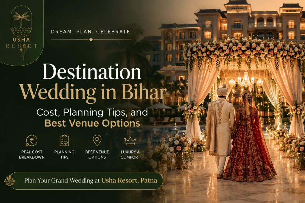 Destination wedding in Bihar showcasing Usha Resort Patna, a luxury wedding venue with banquet hall, wedding lawn, premium accommodation, floral decorations, and traditional Indian wedding setup.