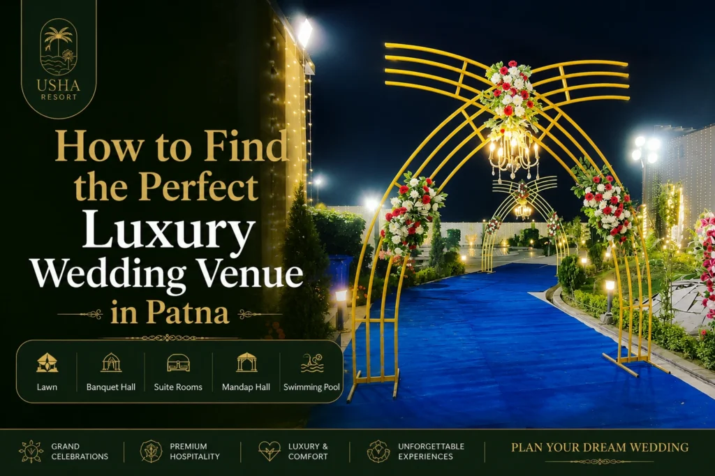 Elegant wedding entrance pathway at Usha Resort Patna featuring decorative floral arches, chandeliers, landscaped gardens, and luxury wedding venue facilities for grand celebrations in Bihar.