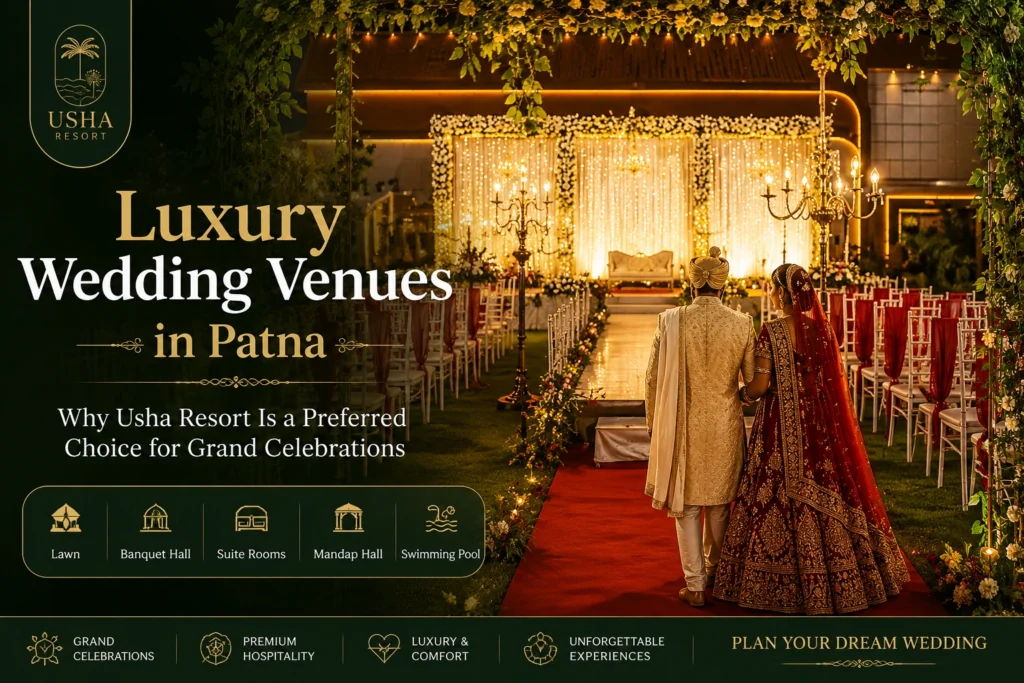 Usha Resort Patna luxury wedding venue showcasing banquet hall facilities, wedding lawn, floral decorations, bridal walkway, and destination wedding setup in Bihar.