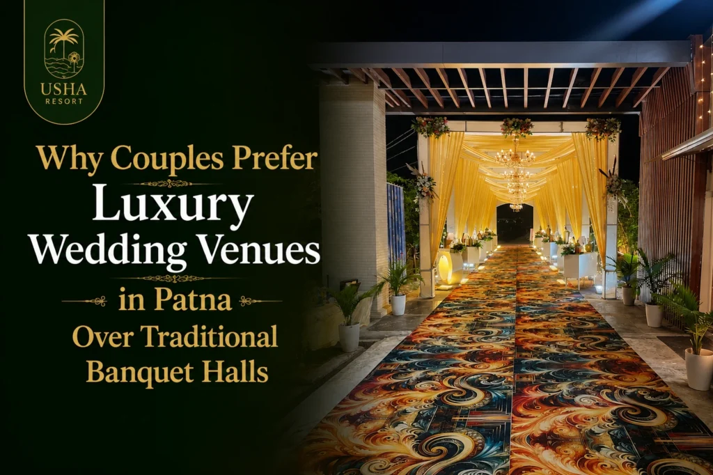 Luxury wedding venue entrance at Usha Resort Patna featuring an elegant chandelier-lit walkway, premium décor, floral arrangements, and modern wedding amenities that couples prefer over traditional banquet halls.